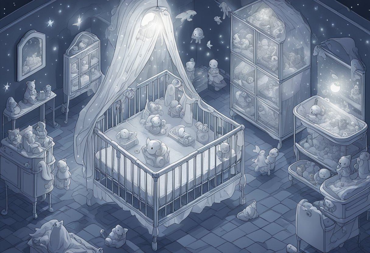 A ghostly nursery with floating toys and cribs, surrounded by misty apparitions of babies