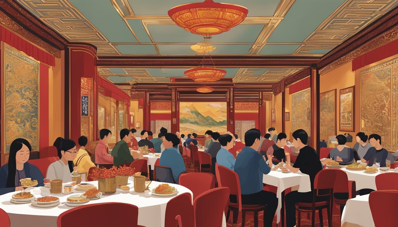 The Loon Sing restaurant bustles with diners enjoying traditional Chinese cuisine amidst red and gold decor