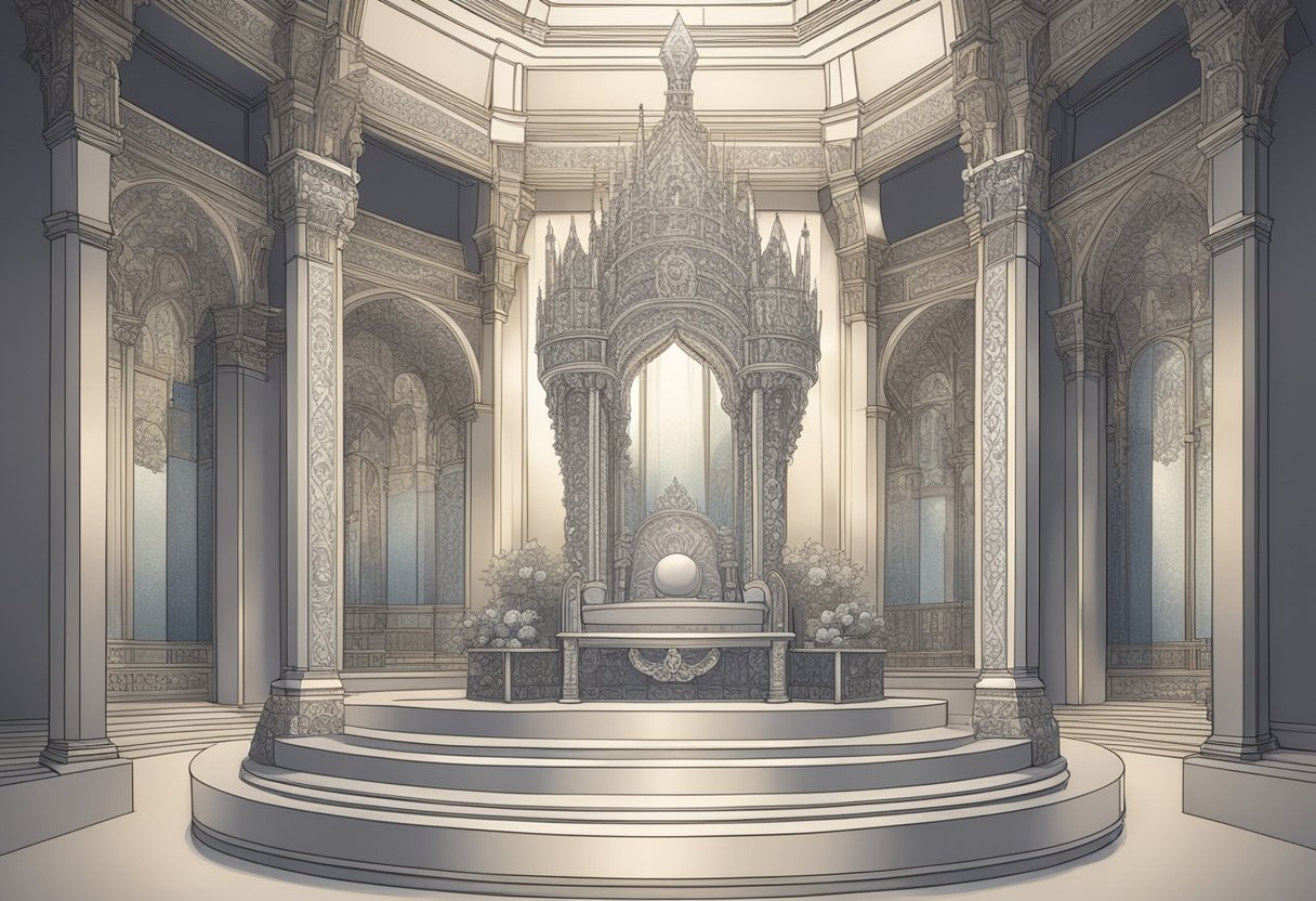 A grand throne made of glass, adorned with intricate baby names in elegant script