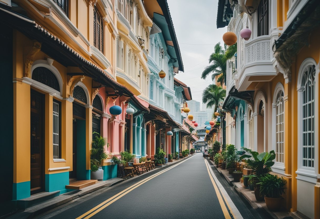 A narrow street lined with colorful shophouses, each adorned with intricate architectural details and unique furniture, showcasing the charm of Singapore's historic district
