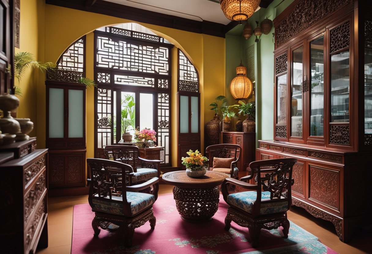 A cozy living room with traditional Peranakan furniture in a Singapore shophouse. Brightly colored cabinets, intricately carved wooden chairs, and ornate porcelain vases adorn the room