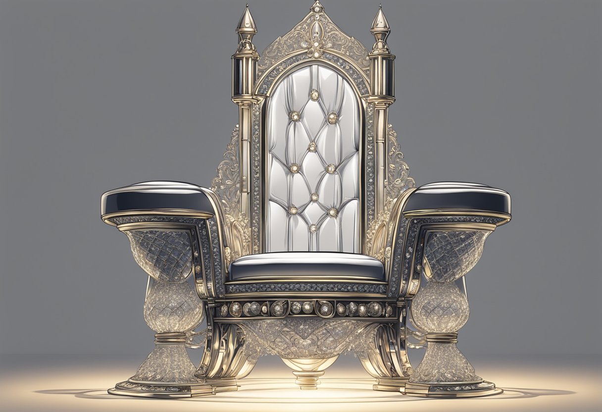 A regal throne adorned with glass and jewels, surrounded by a soft glow, evoking a sense of majesty and elegance