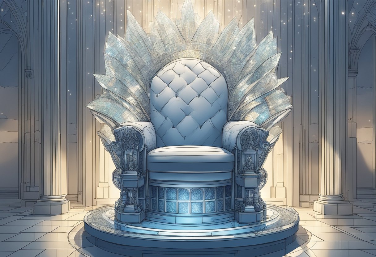 A majestic throne made of glass, surrounded by delicate baby names floating in the air