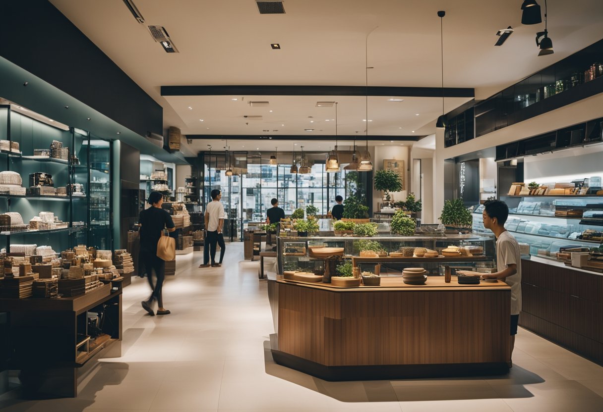 A bustling shophouse in Singapore showcases modern furniture, with customers browsing and staff assisting