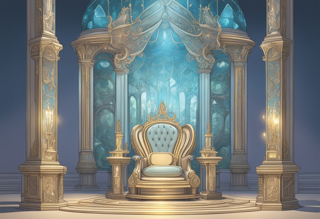 A regal throne made of glass, surrounded by a collection of unique and enchanting baby names floating in the air