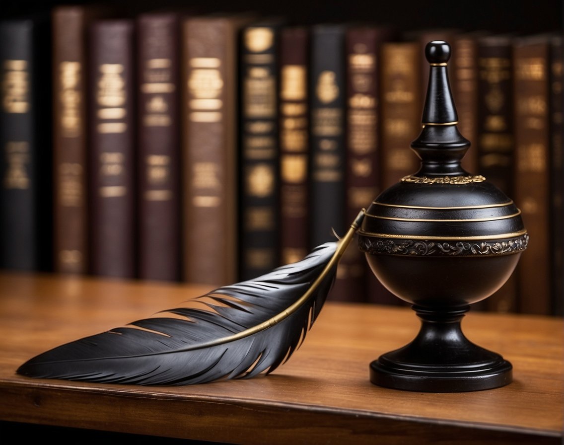 Philosophical texts on stoicism arranged on a wooden desk with a quill and ink