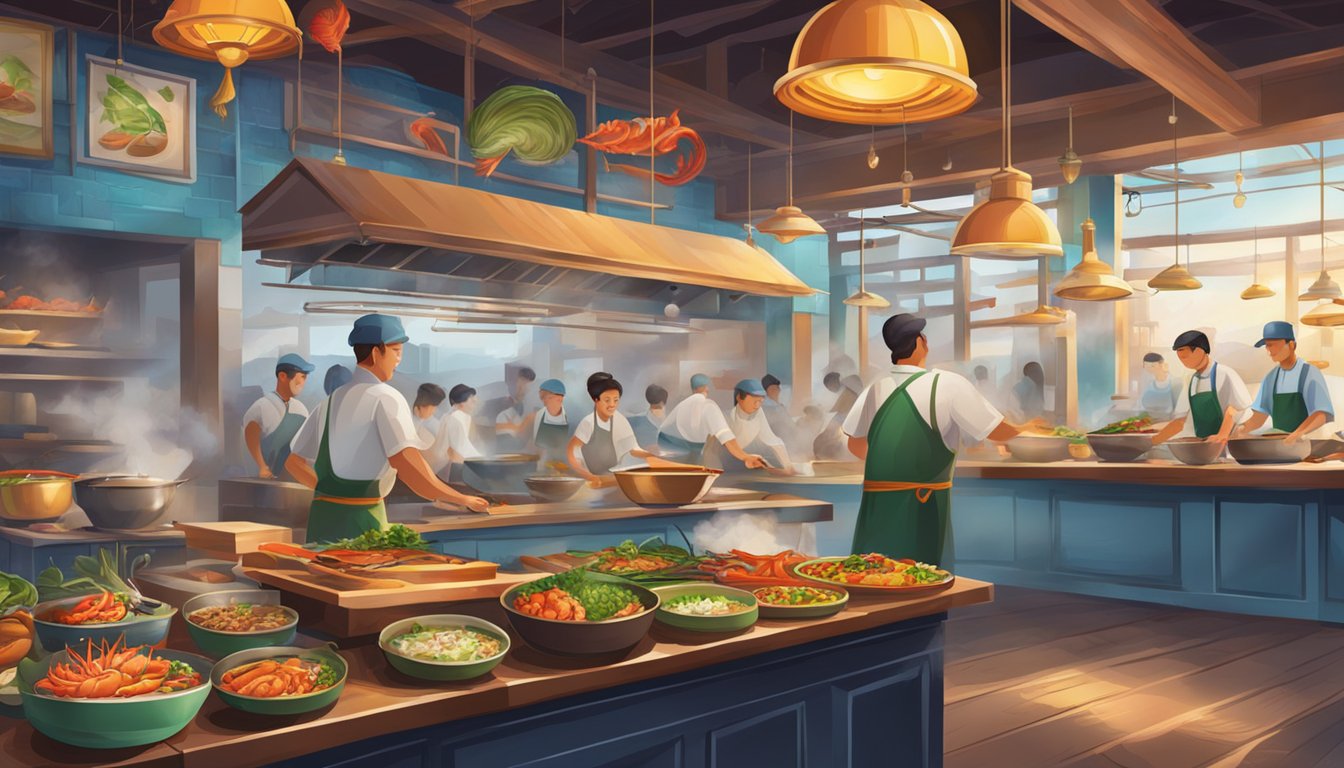A bustling seafood restaurant with colorful decor, steaming pots, and sizzling woks, filled with the aroma of fresh ingredients and the sounds of sizzling and chopping