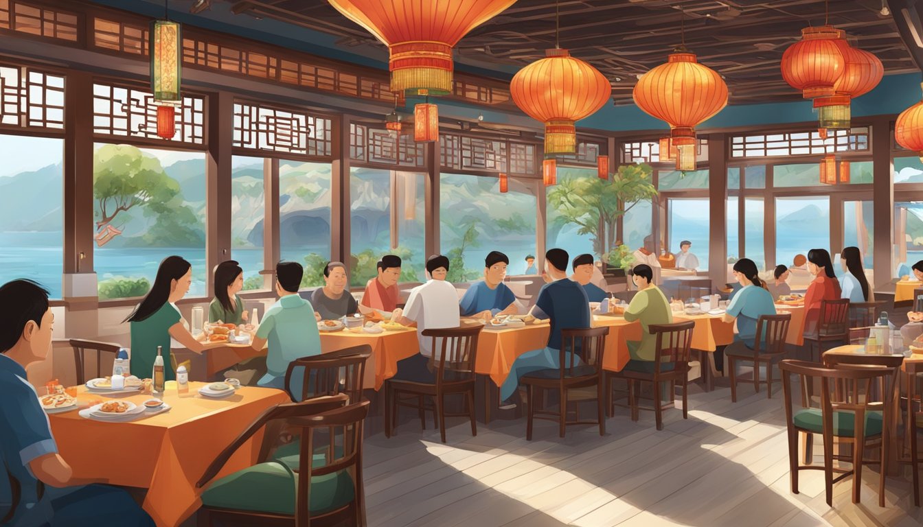 The bustling seafood restaurant is adorned with traditional Chinese decor and filled with the aroma of sizzling seafood dishes
