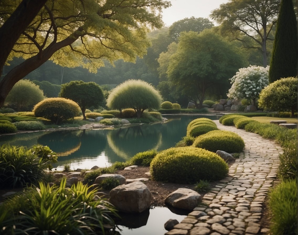 A serene garden with a stone path, a tranquil pond, and a lone tree, symbolizing the fundamental stoic principles of inner peace and resilience