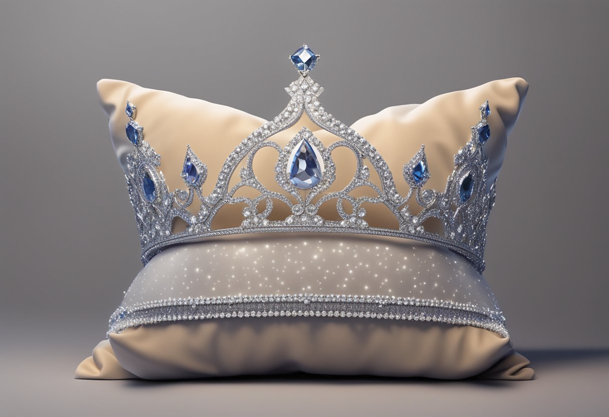 A sparkling tiara atop a plush pillow, surrounded by glittering stars and a shimmering backdrop, representing glam baby names