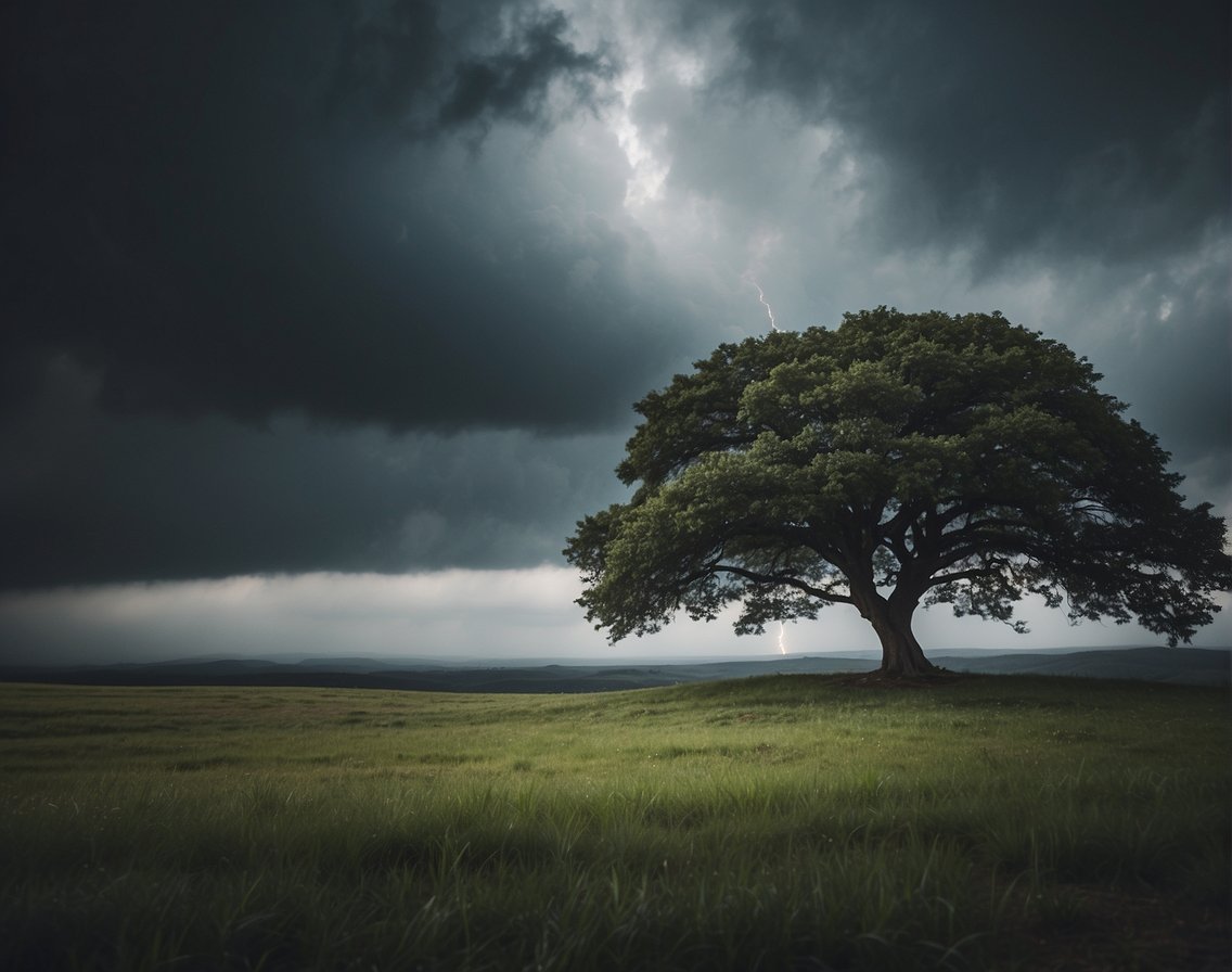 A serene landscape with a lone tree standing tall amidst a storm, symbolizing resilience and inner peace