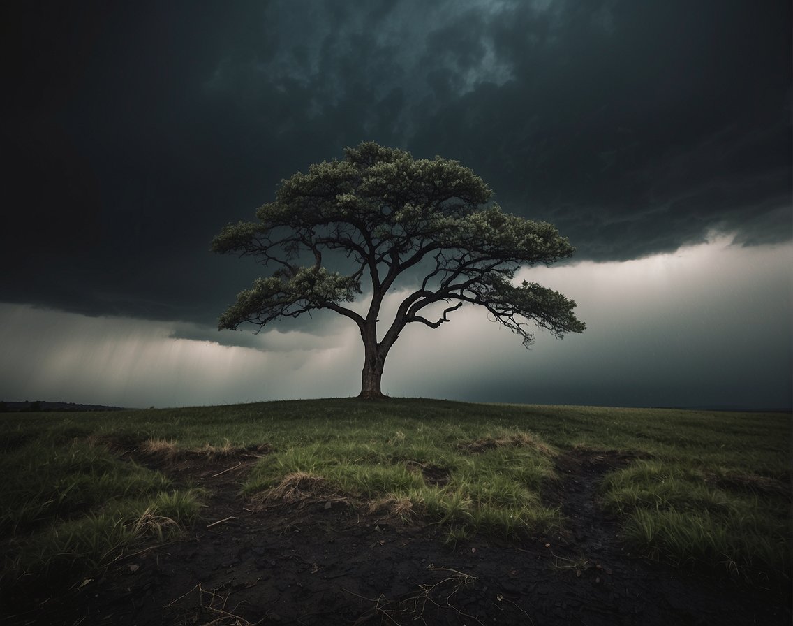 A lone tree stands strong in a storm, its branches bending but not breaking. Dark clouds loom overhead, but the tree remains unmoved, embodying the principles of stoicism amidst the turmoil of emotions
