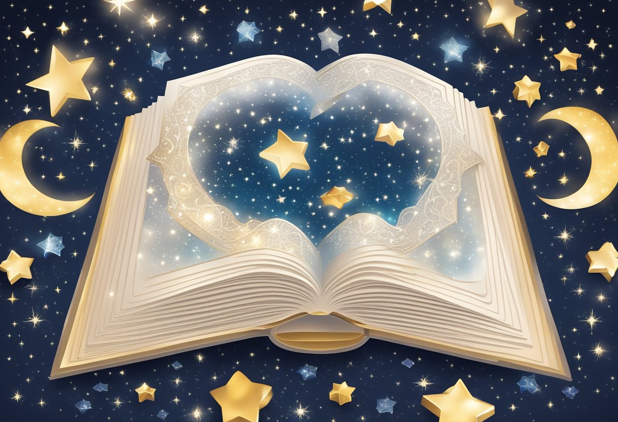 A sparkling display of "Good Names" baby name book surrounded by glittering stars and elegant fonts