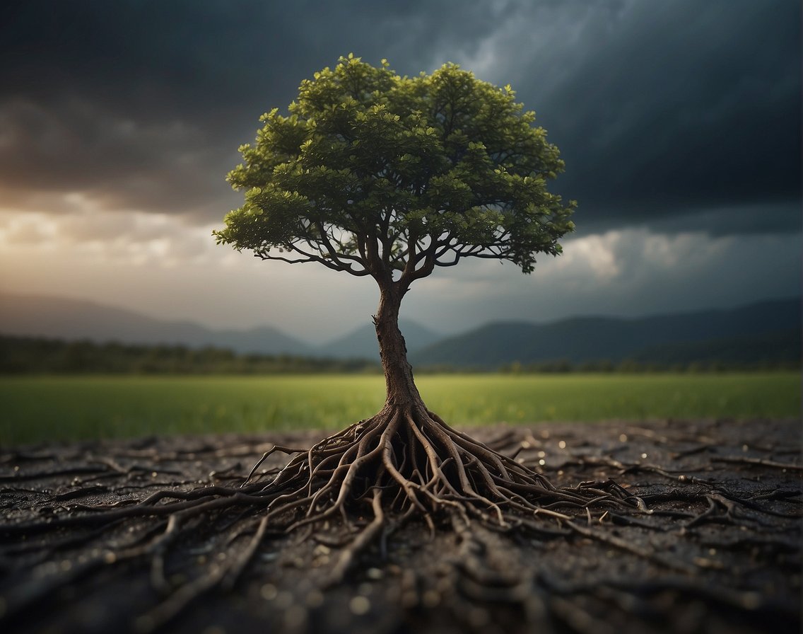 A lone tree stands tall against a storm, unmoved by the wind and rain. Its roots run deep, anchoring it firmly in the ground