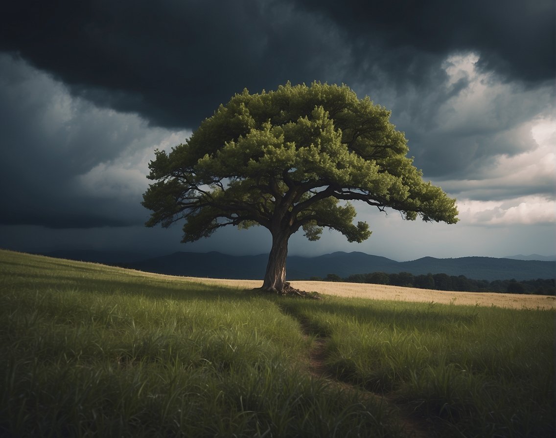 A serene landscape with a lone tree standing tall against a stormy sky, symbolizing resilience and inner strength