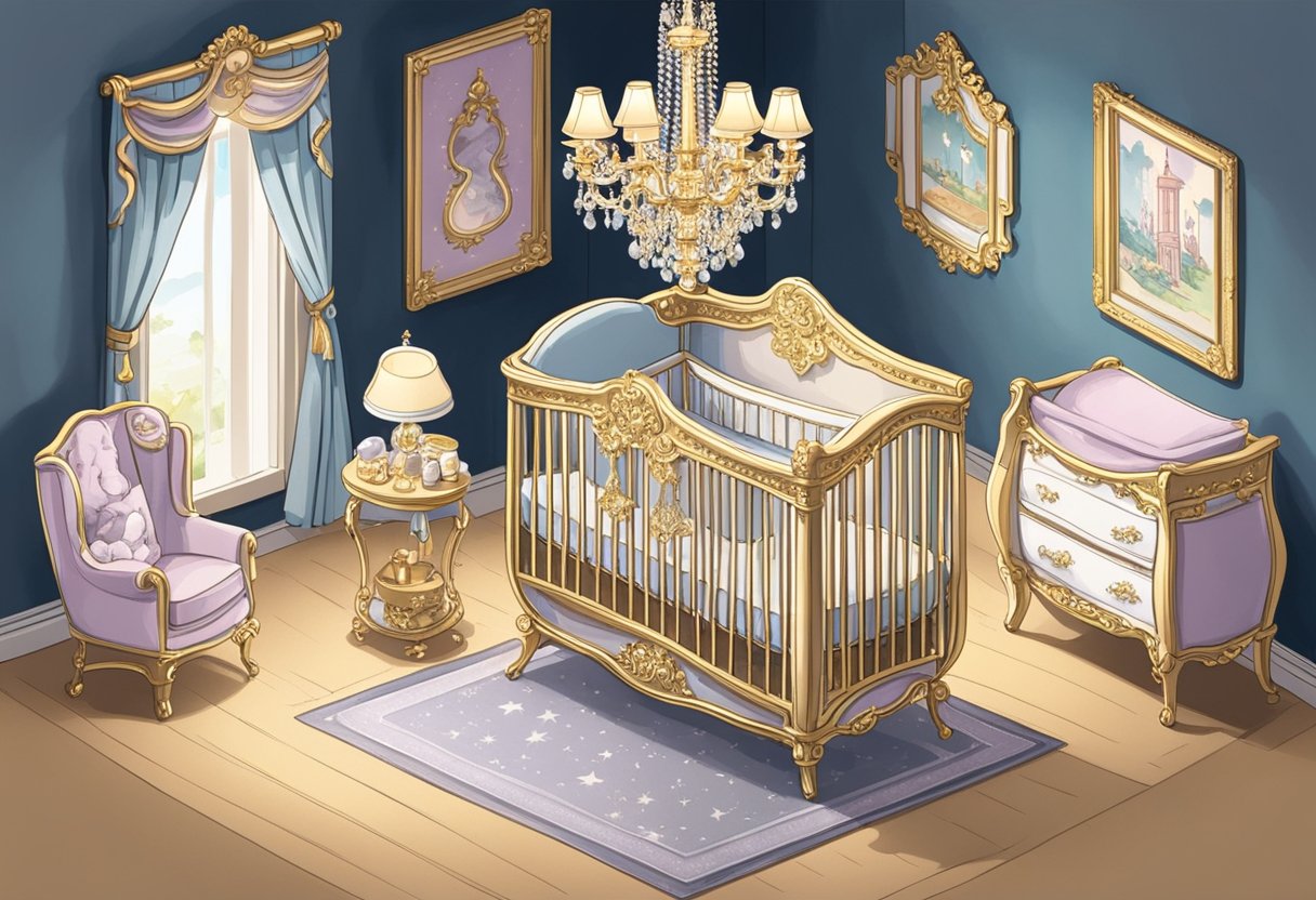 A sparkling chandelier illuminates a room filled with luxurious baby items, including a plush velvet crib and gold-trimmed baby accessories