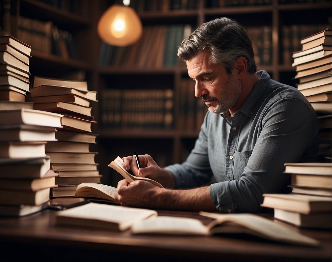 A person reading a book on stoicism with a furrowed brow, surrounded by scattered papers and pens, deep in thought