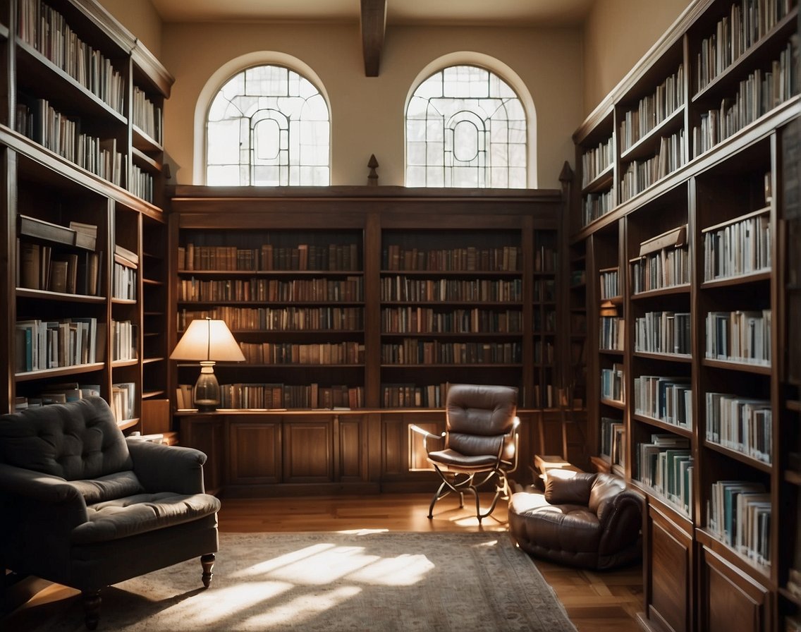 A serene library with shelves of Stoic philosophy books, a cozy reading nook, and a peaceful atmosphere for learning