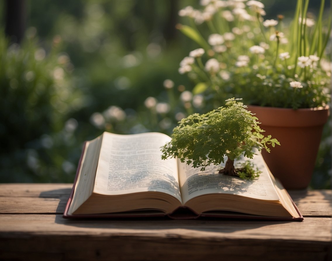 A serene garden with a stoic philosopher's book open on a wooden table, surrounded by nature and tranquility