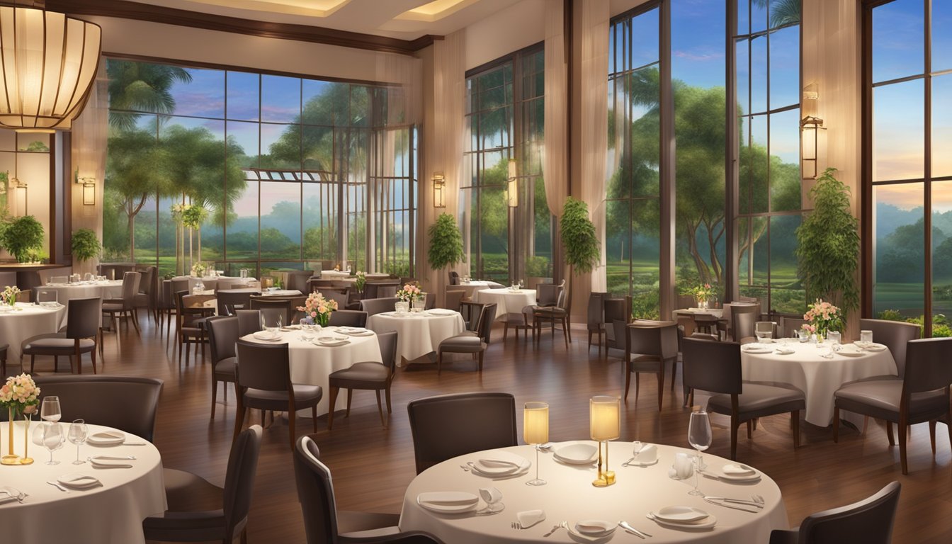 The elegant restaurant at Orchid Country Club features a warm, inviting ambiance with modern decor, soft lighting, and panoramic views of the surrounding lush greenery