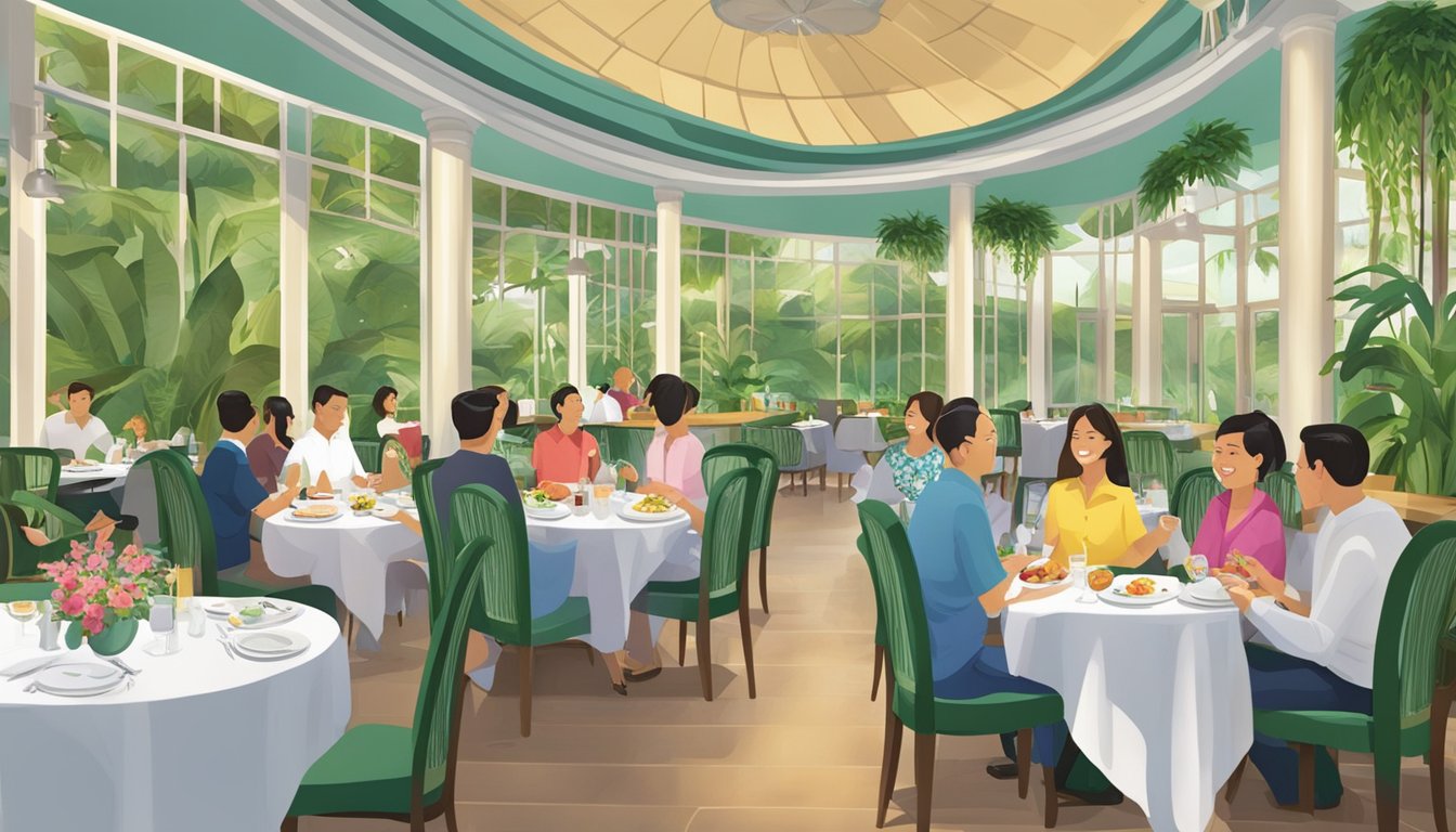 Diners enjoy a meal at Orchid Country Club's restaurant, surrounded by elegant decor and lush greenery