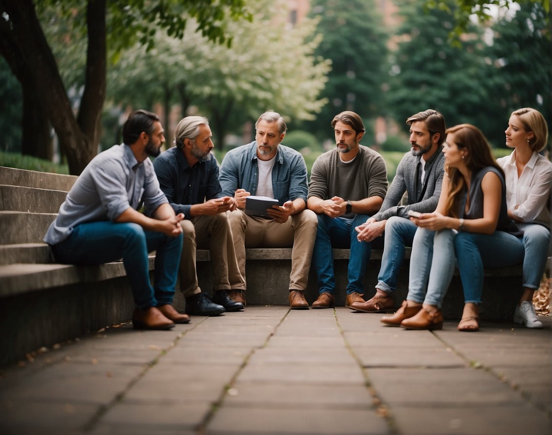 A group of people gather in a serene setting, engaged in deep discussions and study. Books on stoicism and philosophical texts are scattered around, while a sense of calm and contemplation pervades the atmosphere