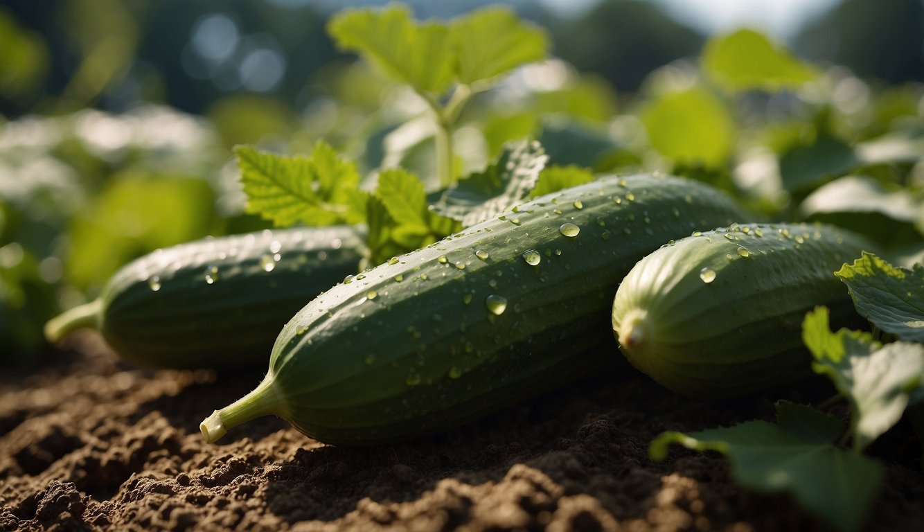 Healthy cucumber plants with brown leaves, receiving optimal water and light conditions