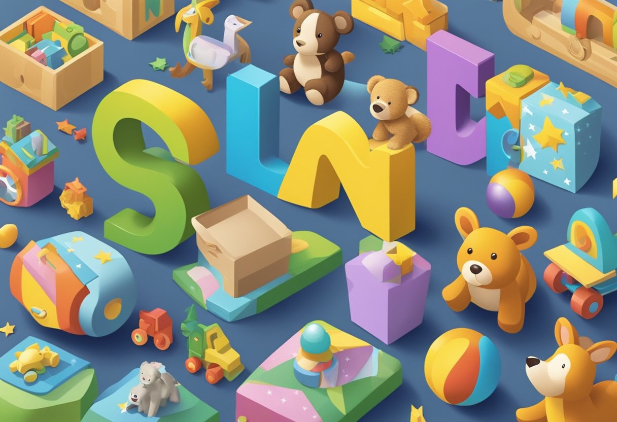 A baby boy's name ideas page with "gna" in bold letters, surrounded by playful and colorful illustrations of toys and animals