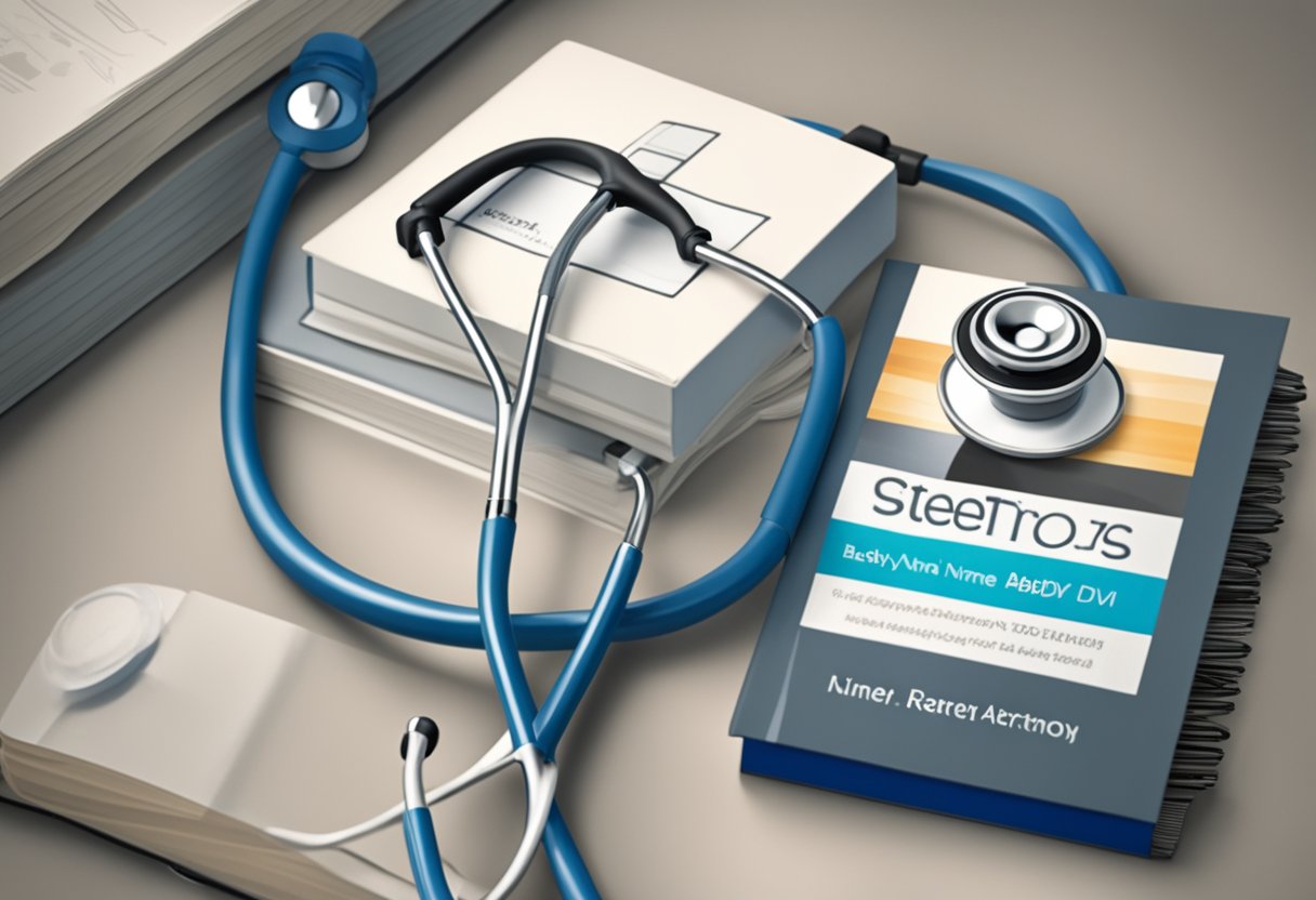 A stethoscope draped over a stack of baby name books with a Grey's Anatomy DVD in the background
