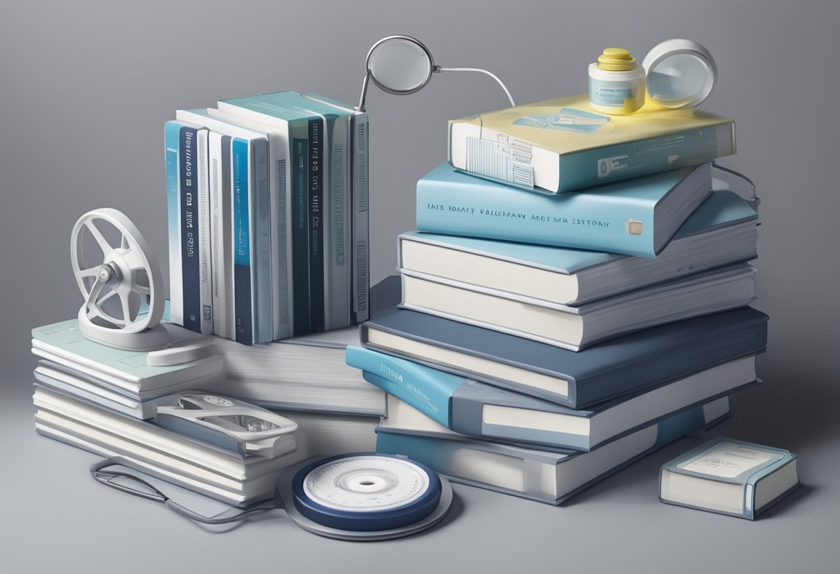 A stack of baby name books surrounded by medical equipment and Grey's Anatomy DVDs