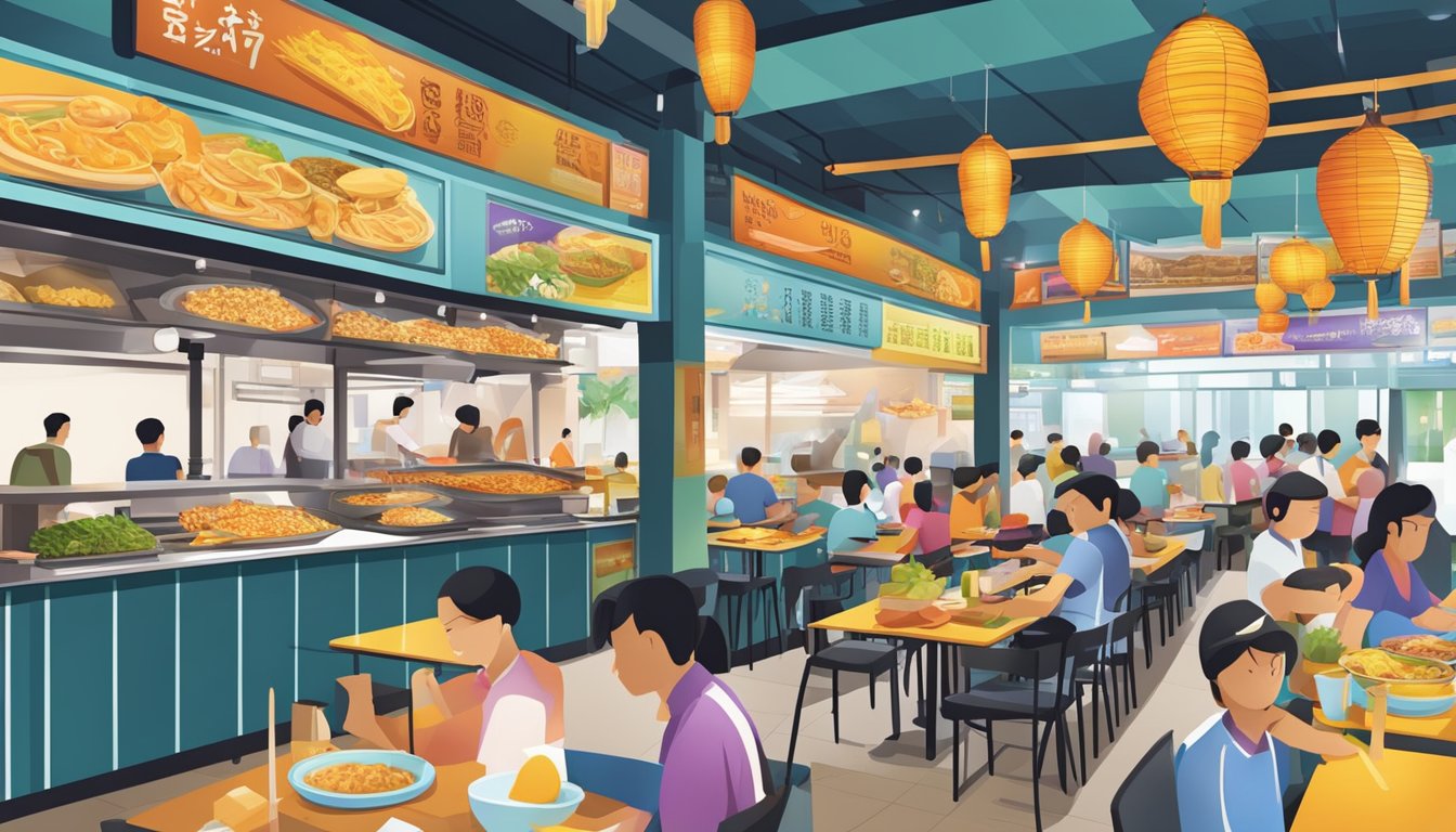 A bustling hawker center with colorful stalls selling sizzling satay, fragrant laksa, and crispy roti prata. A modern restaurant with sleek decor serving innovative fusion dishes