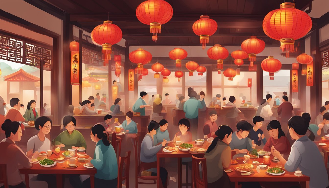 A bustling Sichuan restaurant with red lanterns, steaming hotpots, and spicy aromas filling the air