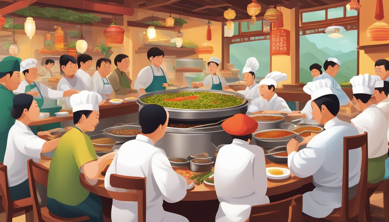 Vibrant spices, steaming pots, and bustling chefs define the essence of Sichuan cuisine in a lively restaurant setting