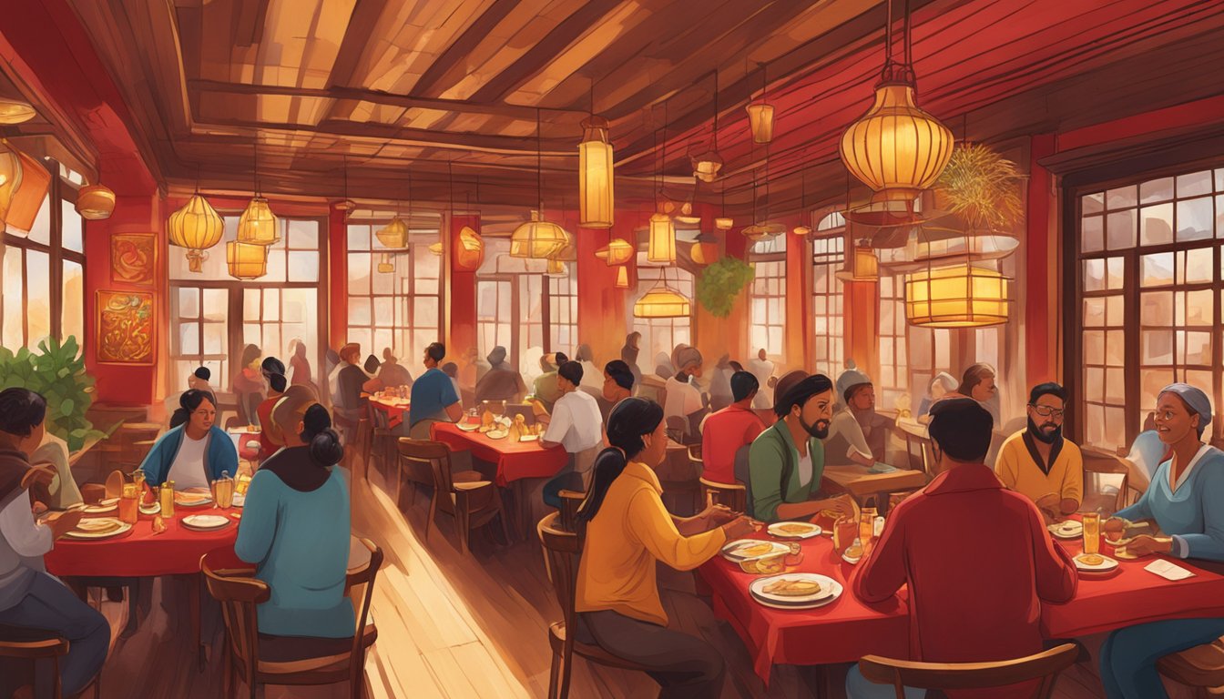 Vibrant red and gold decor, with steaming hot pots and spicy aromas filling the air, while diners eagerly gather around communal tables, sharing laughter and lively conversation