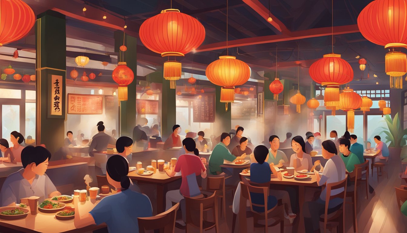 A bustling Sichuan restaurant with red lanterns, steaming hot pots, and colorful dishes on every table. Customers chat and laugh amidst the aroma of spicy and savory flavors