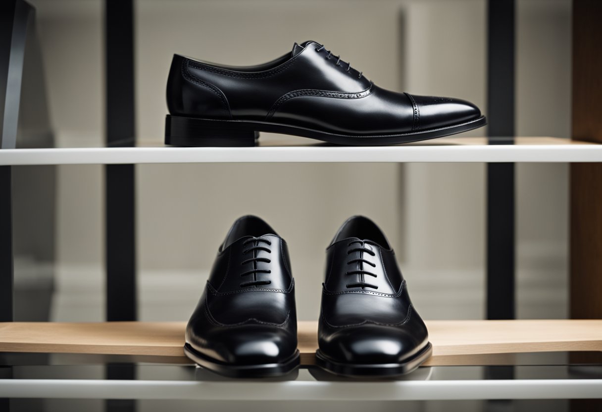 A pair of black dress shoes, extra wide and reinforced for support, sit on a sturdy shelf