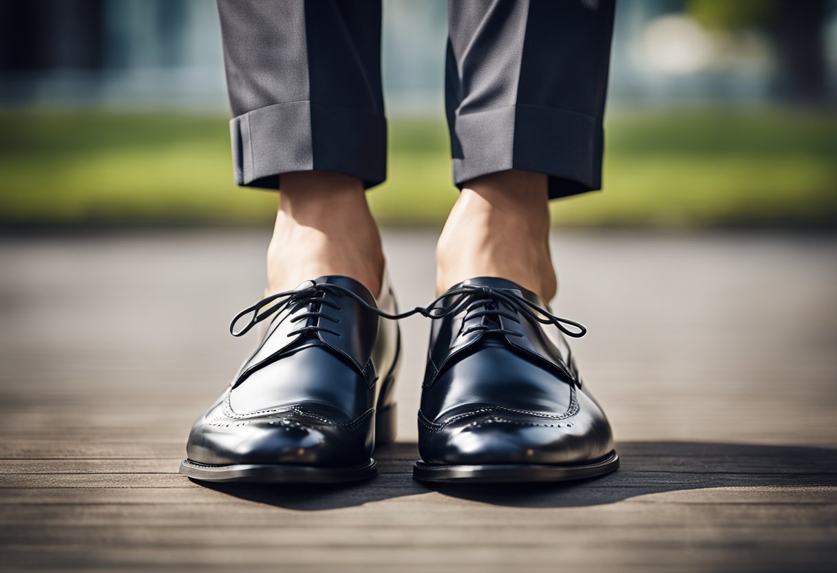 A pair of wide, sturdy dress shoes with cushioned insoles and adjustable straps to accommodate larger feet. The shoes should have a supportive arch and non-slip soles for stability