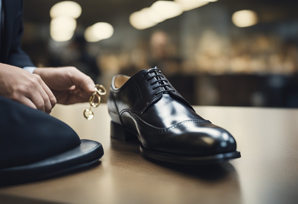 A pair of dress shoes being carefully chosen for a morbidly obese individual, with a focus on the fit and comfort