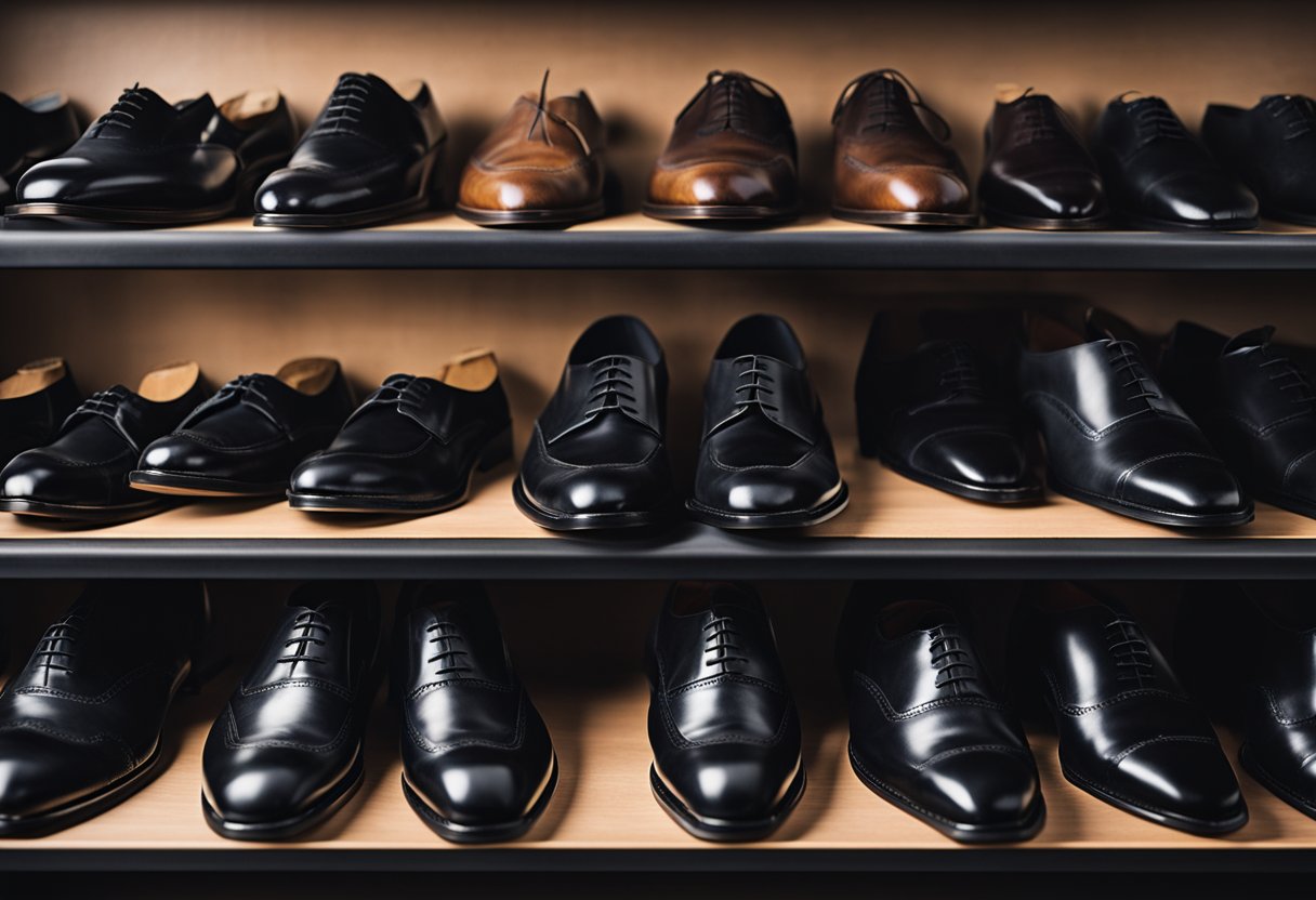 A pair of black dress shoes for morbidly obese individuals, with extra-wide soles and cushioned insoles, displayed on a sleek wooden shoe rack