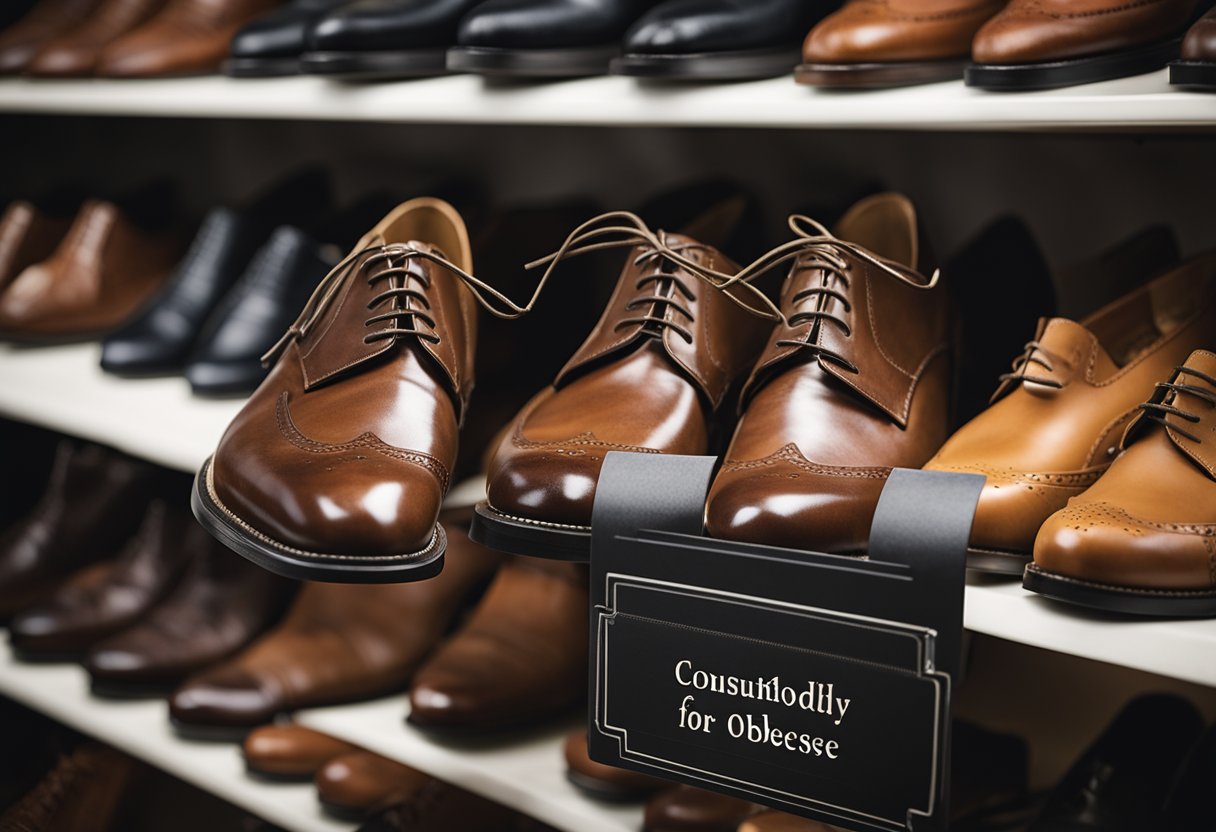A pair of sturdy, wide-width dress shoes displayed on a shelf, with a label reading "Consumer Guidance for Morbidly Obese."