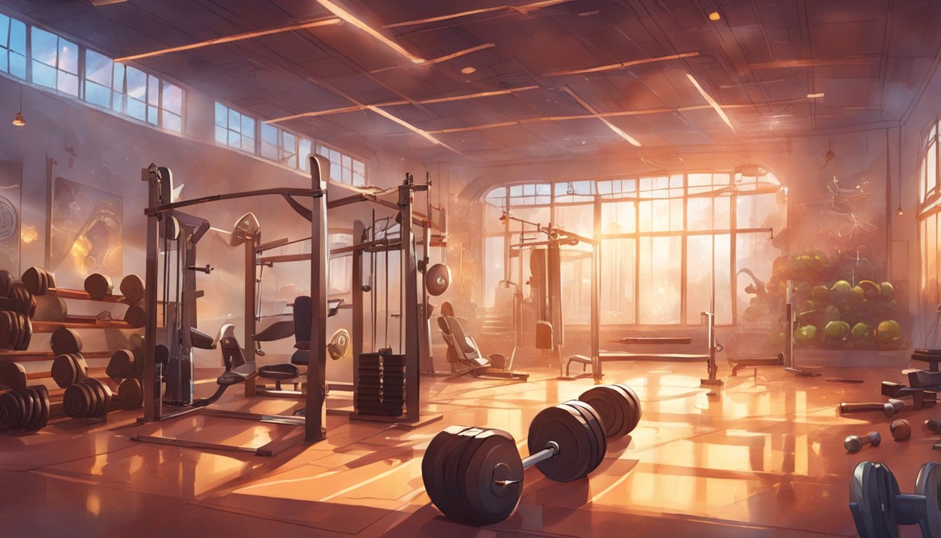 A gym with weightlifting equipment, barbells, and dumbbells scattered around. A whiteboard with workout routines and a timer on the wall