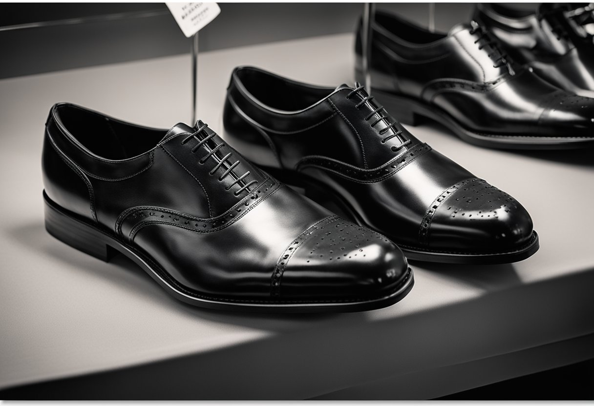 A pair of sturdy, extra-wide dress shoes on display, with a label reading "Frequently Asked Questions Dress Shoes For Morbidly Obese" prominently featured