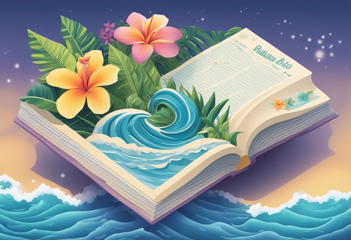Tropical flowers and ocean waves surround a Hawaiian baby name book
