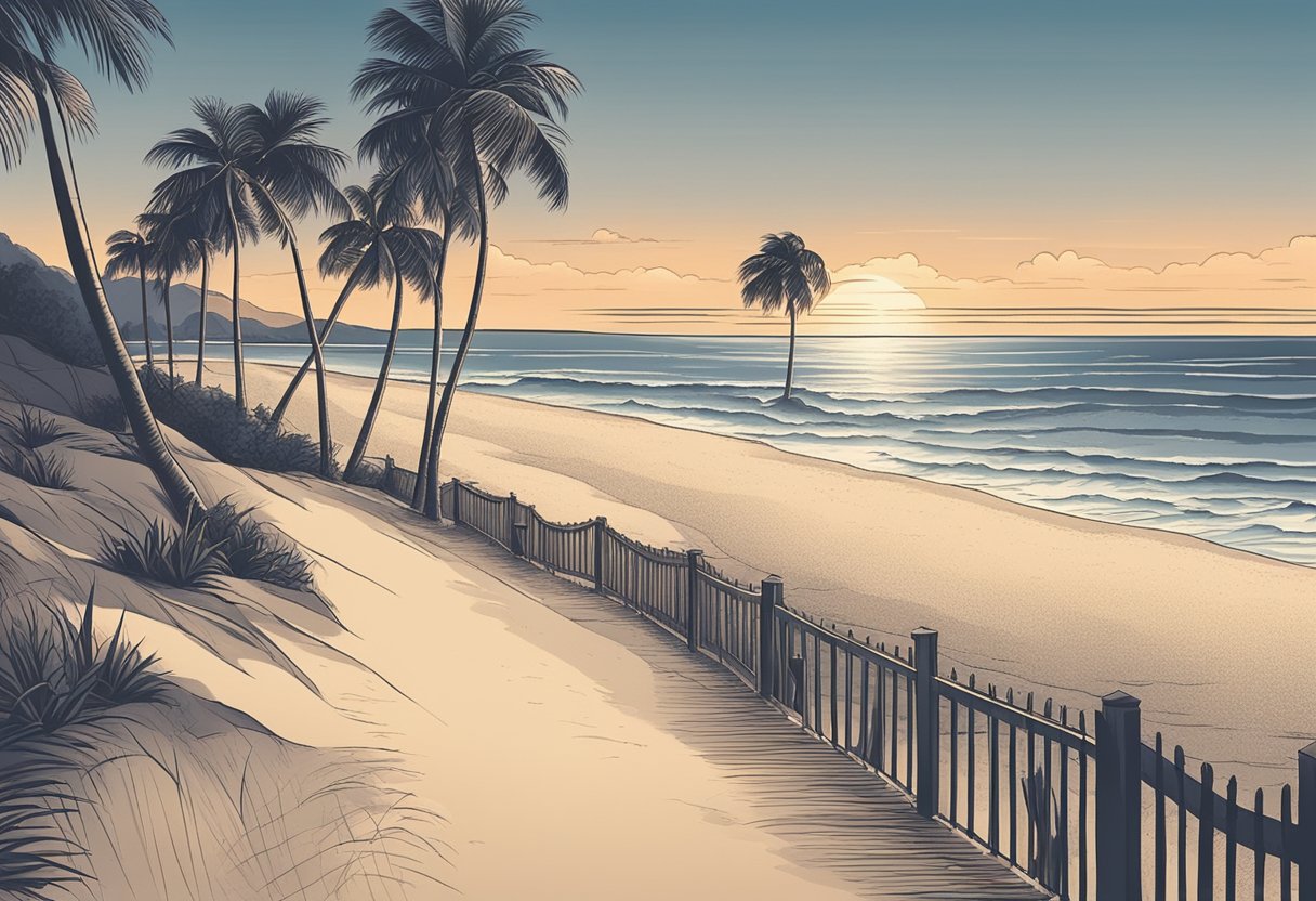 A serene beach at sunset, with palm trees swaying in the gentle breeze and the sound of waves crashing against the shore