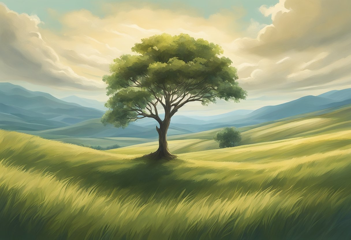 A serene landscape with a lone tree on a hill, under a vast sky. The tree stands strong in the face of wind and weather, embodying the stoic principles of resilience and inner strength
