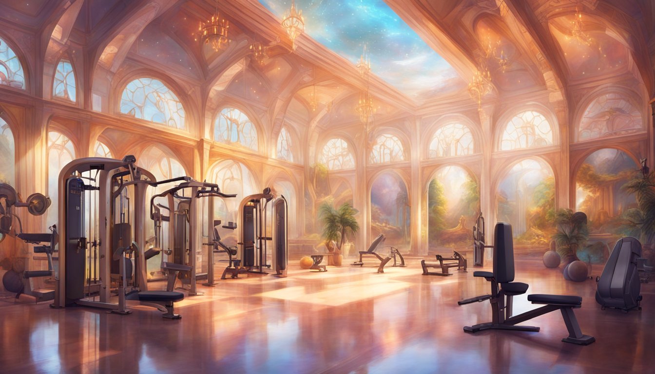 A gym with a split workout area and a full-body workout area, with various exercise equipment and weights, mirrors, and motivational posters on the walls