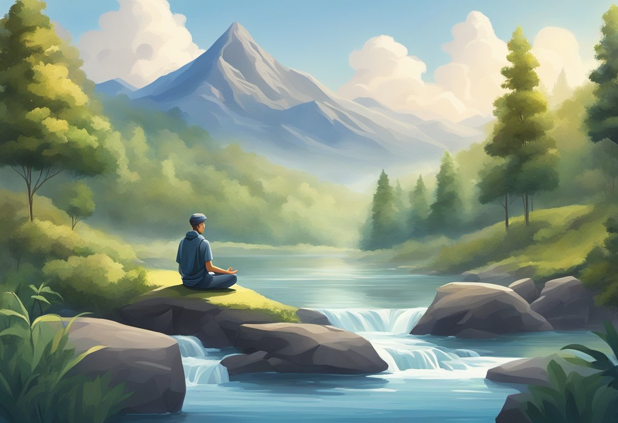 A serene landscape with a stoic figure meditating in nature, surrounded by tranquil elements like trees, mountains, and flowing water