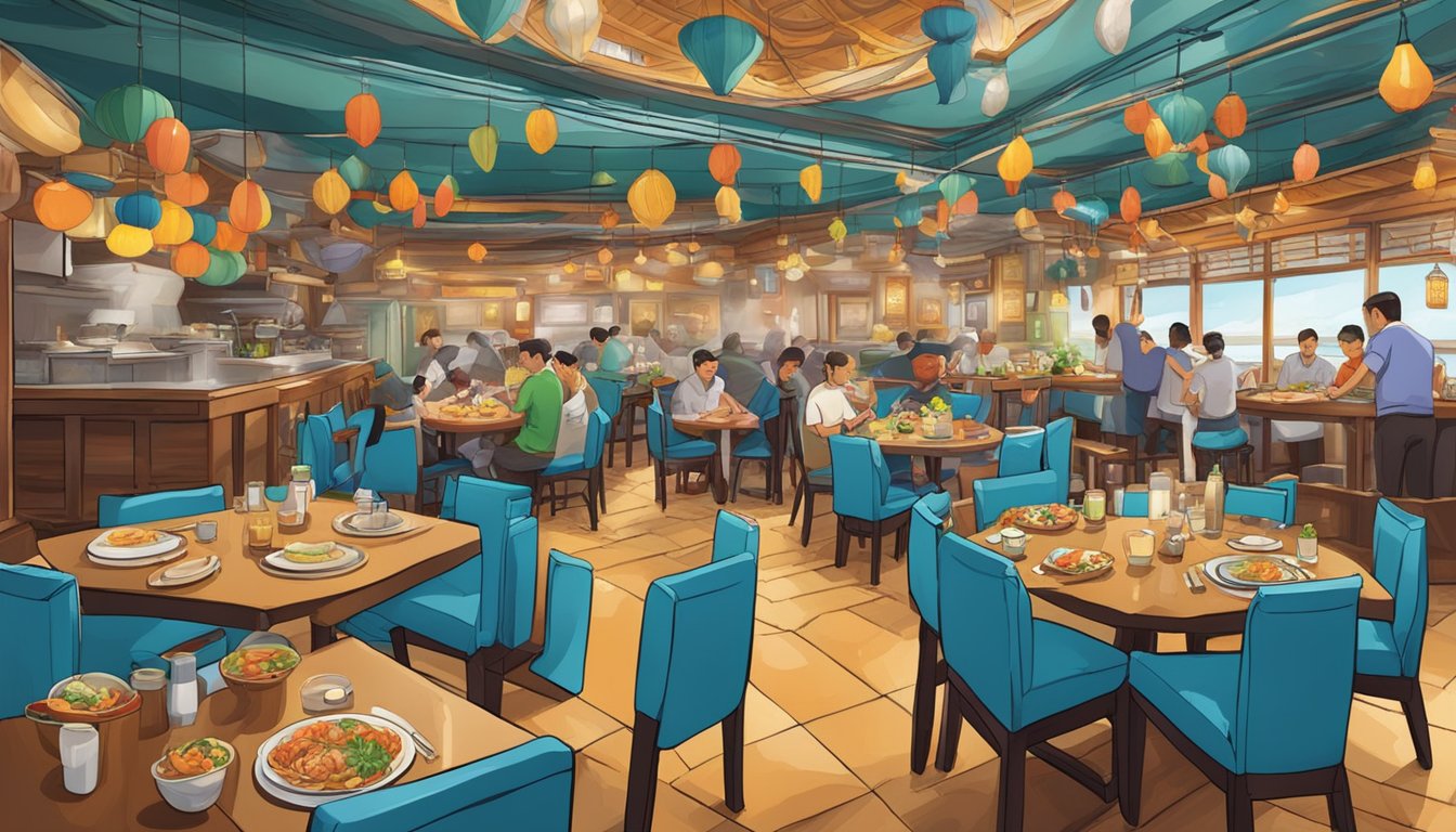 The bustling Todak restaurant, with colorful decor and a lively atmosphere, filled with the aroma of sizzling seafood and the sound of clinking plates and laughter