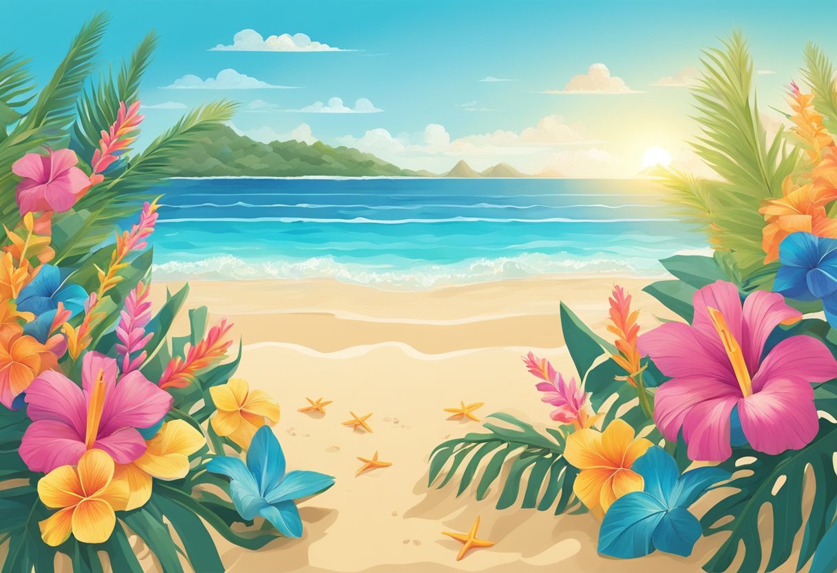 Tropical flowers and colorful leis scattered on a sandy beach with a clear blue ocean in the background