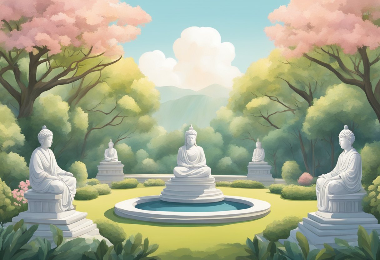 A serene garden with four statues representing wisdom, courage, moderation, and justice. A figure meditates in the center, practicing stoicism